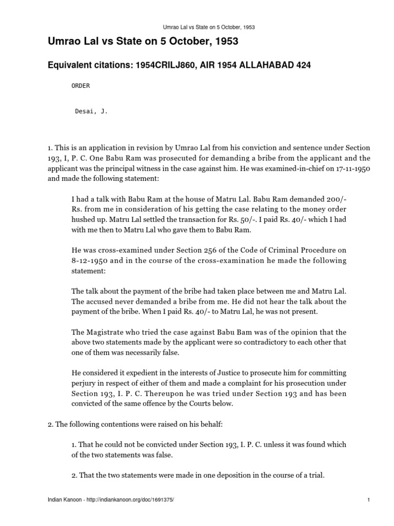 Umrao Lal Vs State On 5 October 1953 PDF Perjury Crimes(02)