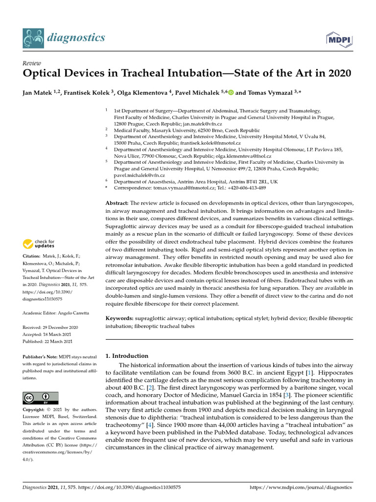 Optical Devices in Tracheal Intubation-State of The Art in 2020 | PDF ...