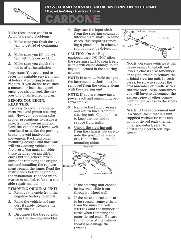 Rack and Pinion Steering Installation Guide | PDF | Steering | Manual ...
