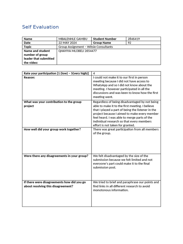 Group Assignment Self-Evaluation Report | PDF