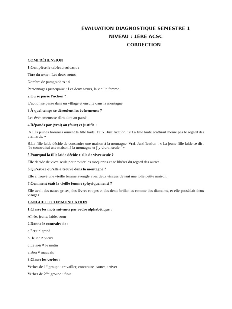 Correction Évaluation Diagnostique 1ère ACSC | PDF | Verbe