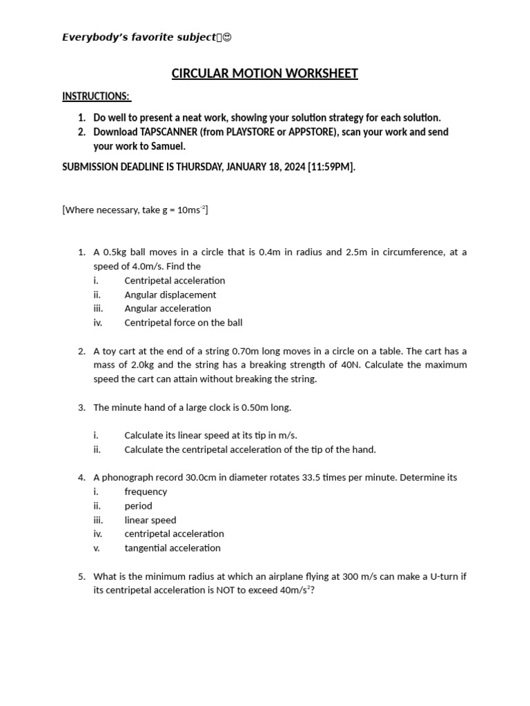 Circular Motion Worksheet Pdf