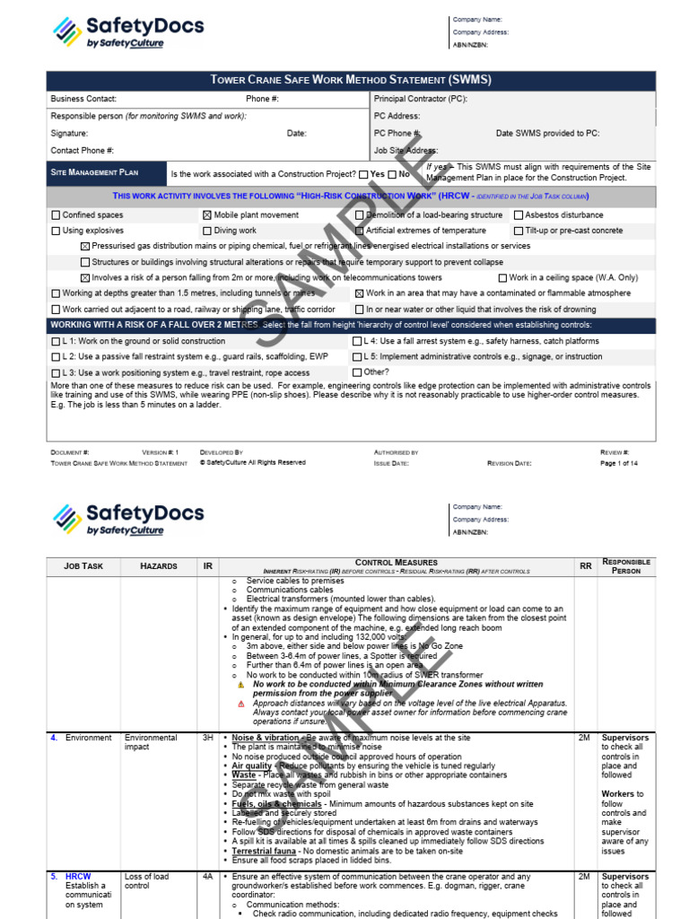 Tower Crane Safe Work Method Statement-SAMPLE | PDF | Waste | Crane ...