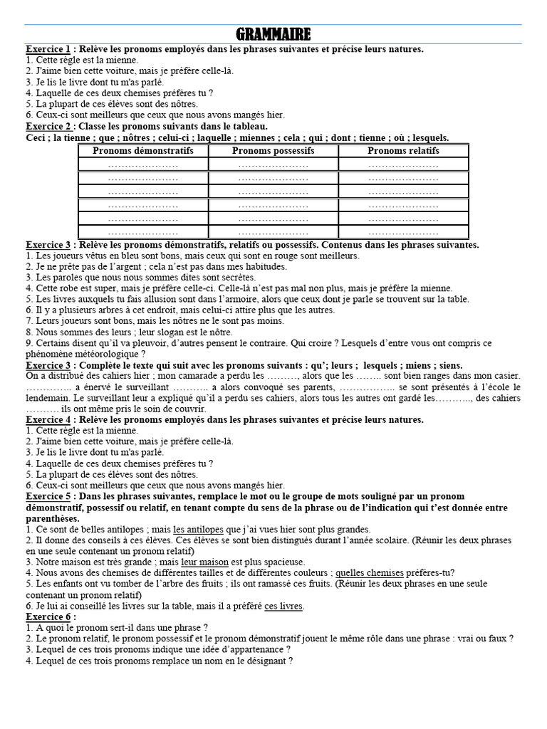Exercices sur les pronoms démonstratifs et possessifs | PDF | Pronom