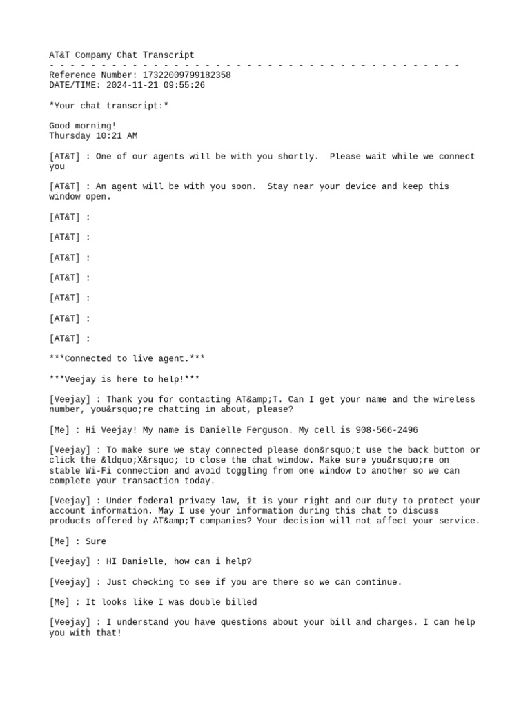 ATT Chat Transcript 11212024 | PDF | Computing