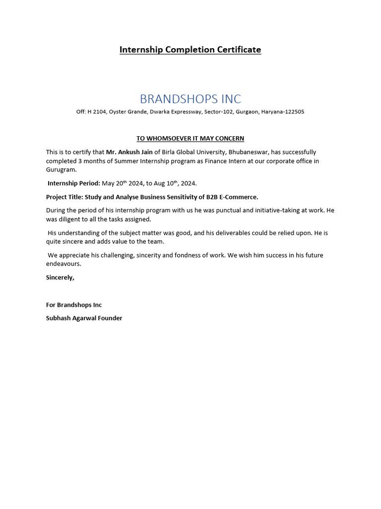 Internship Completion Certificate - Finance | PDF