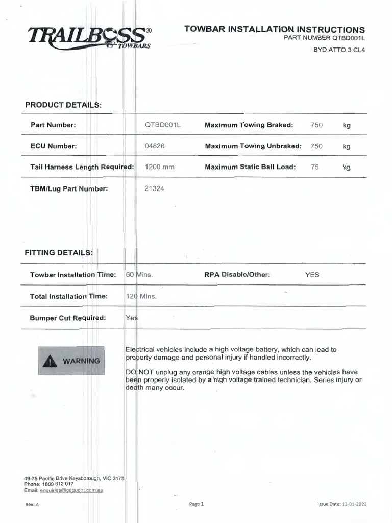 Towbar Installation Instructions Part Number QTBD001L | PDF | Motor ...