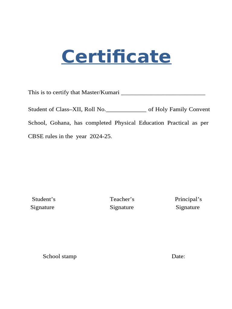 Certificate Physical Education PDF