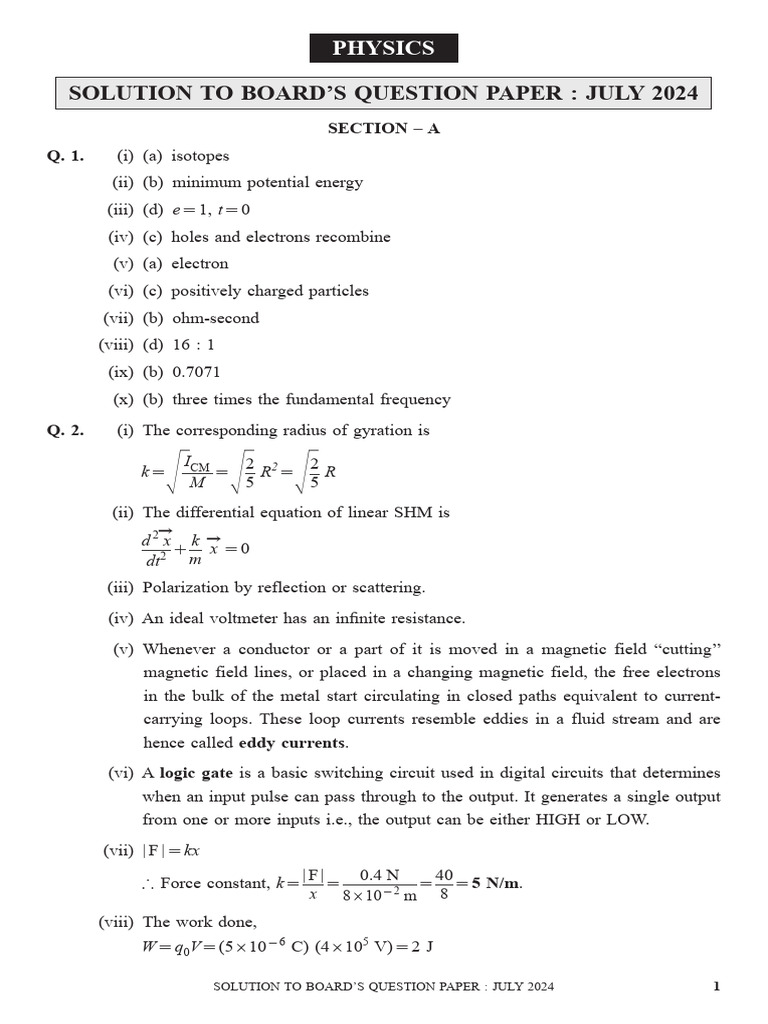 Physics Solutions For July 2024 Exam PDF Transformer Inductor