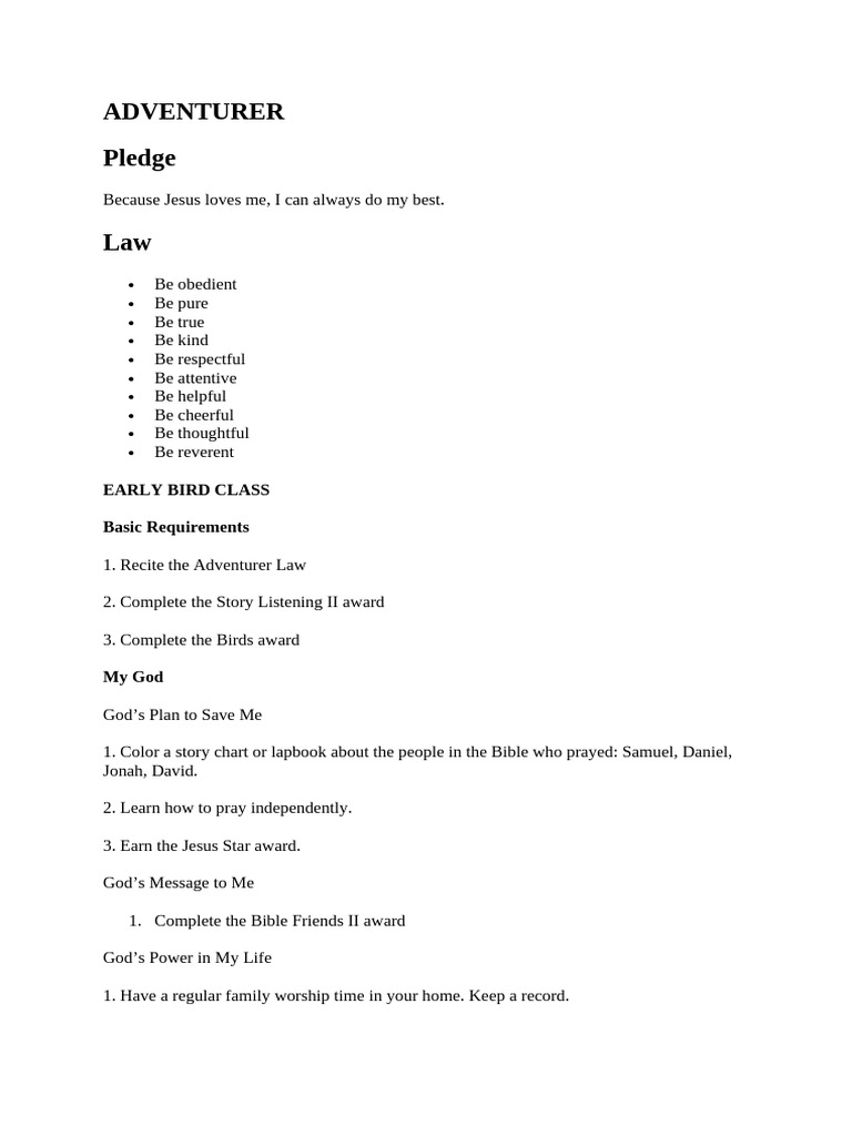 Adventurer Early Bird Class Requirements | PDF