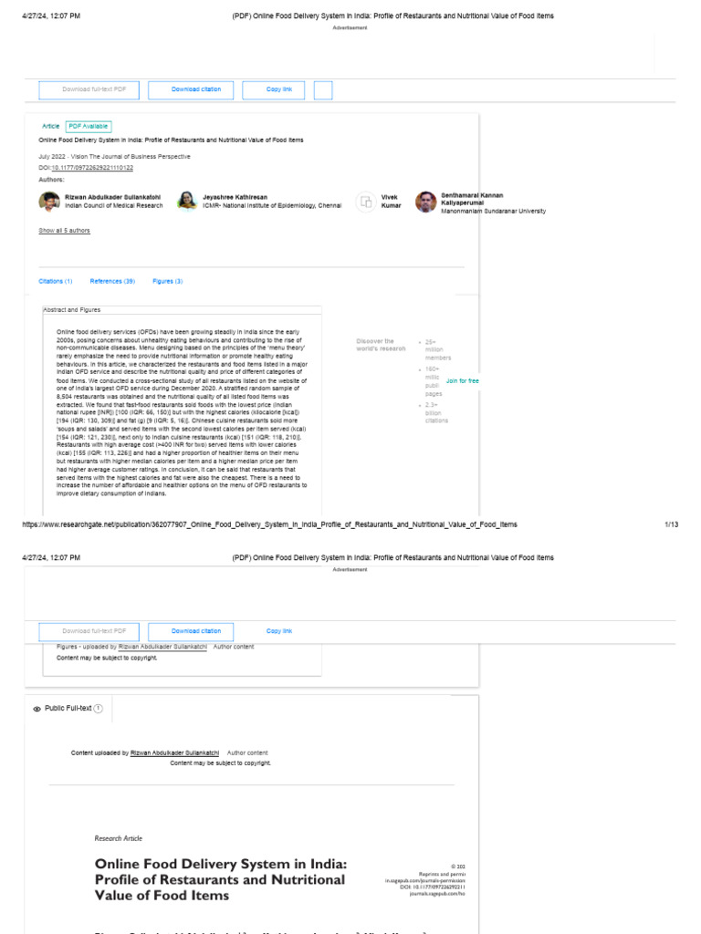 Pdf Online Food Delivery System In India Profile Of Restaurants And