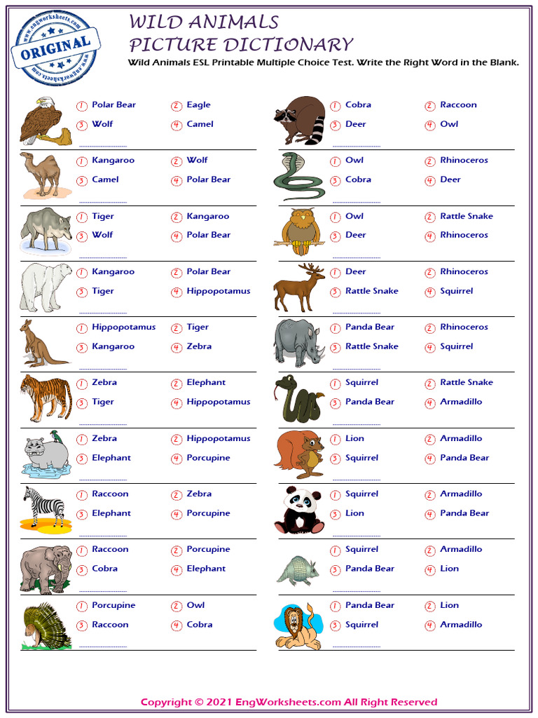 Wild Animals Esl Printable Multiple Choice Test Write The Right Word in ...