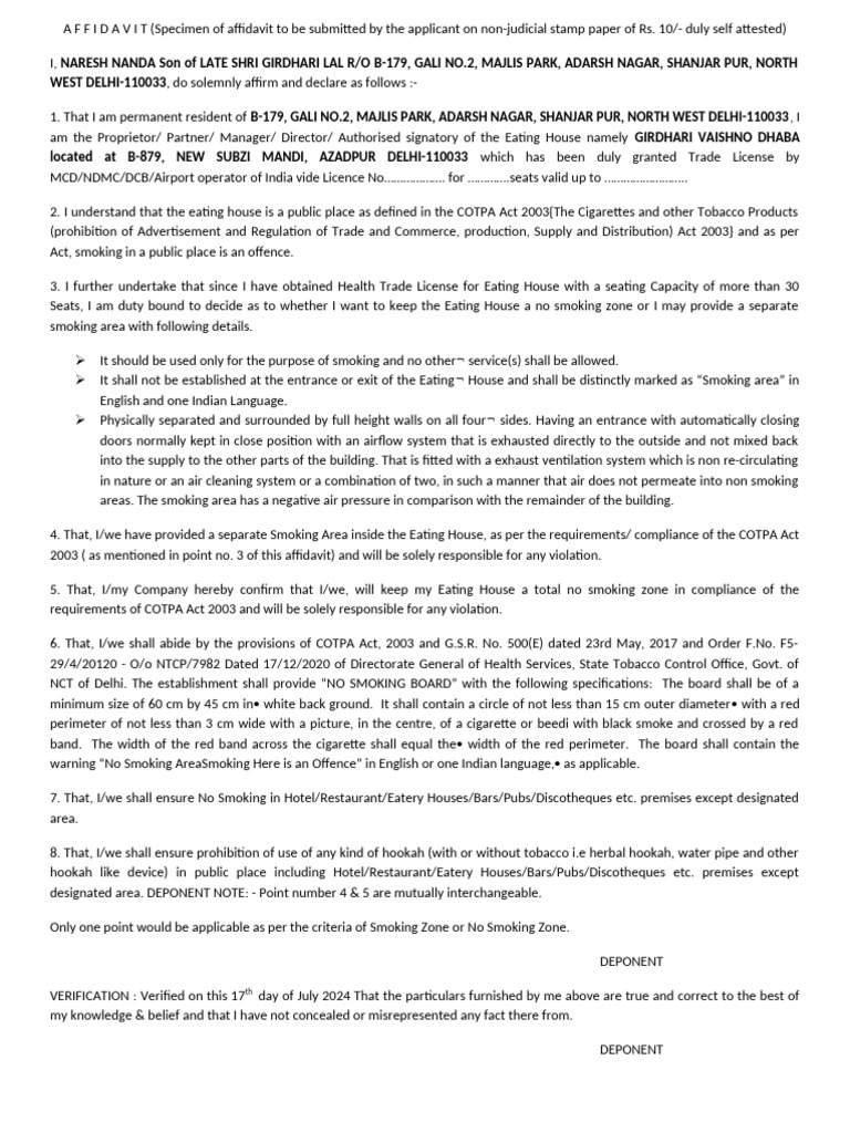 Eating House License Affidavit | PDF | Fire Safety