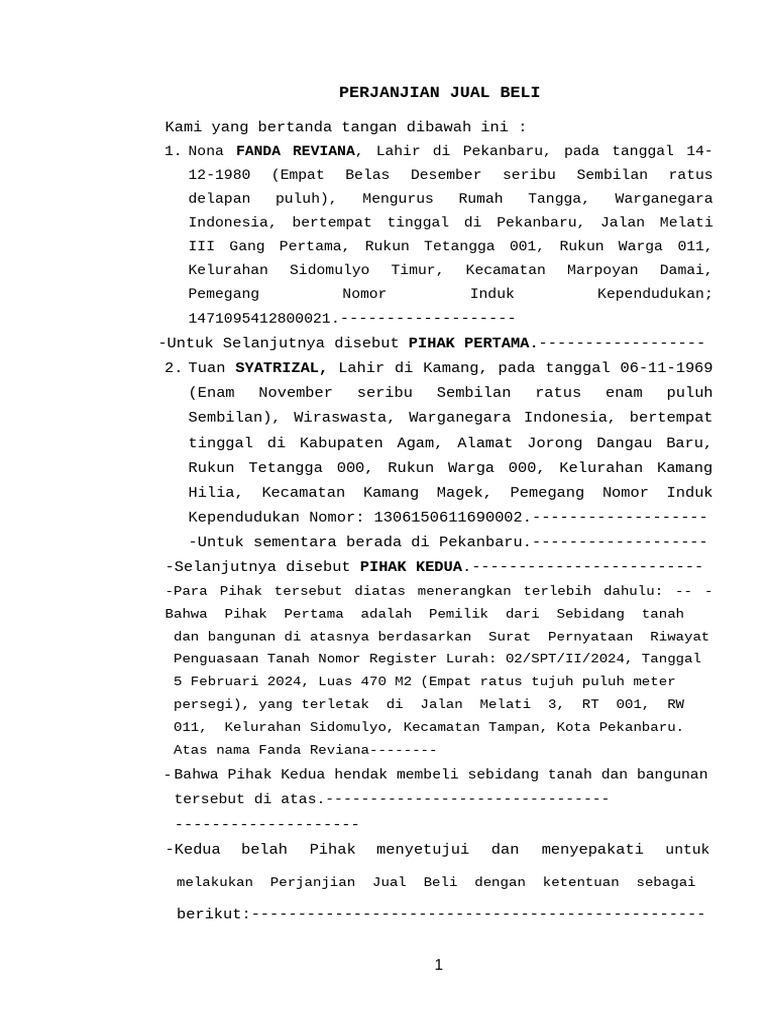 Perjanjian Jual Beli Tanah Pekanbaru | PDF
