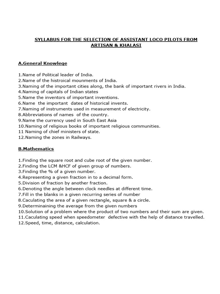 Assistant Loco Pilot Selection Syllabus | PDF | Applied And ...