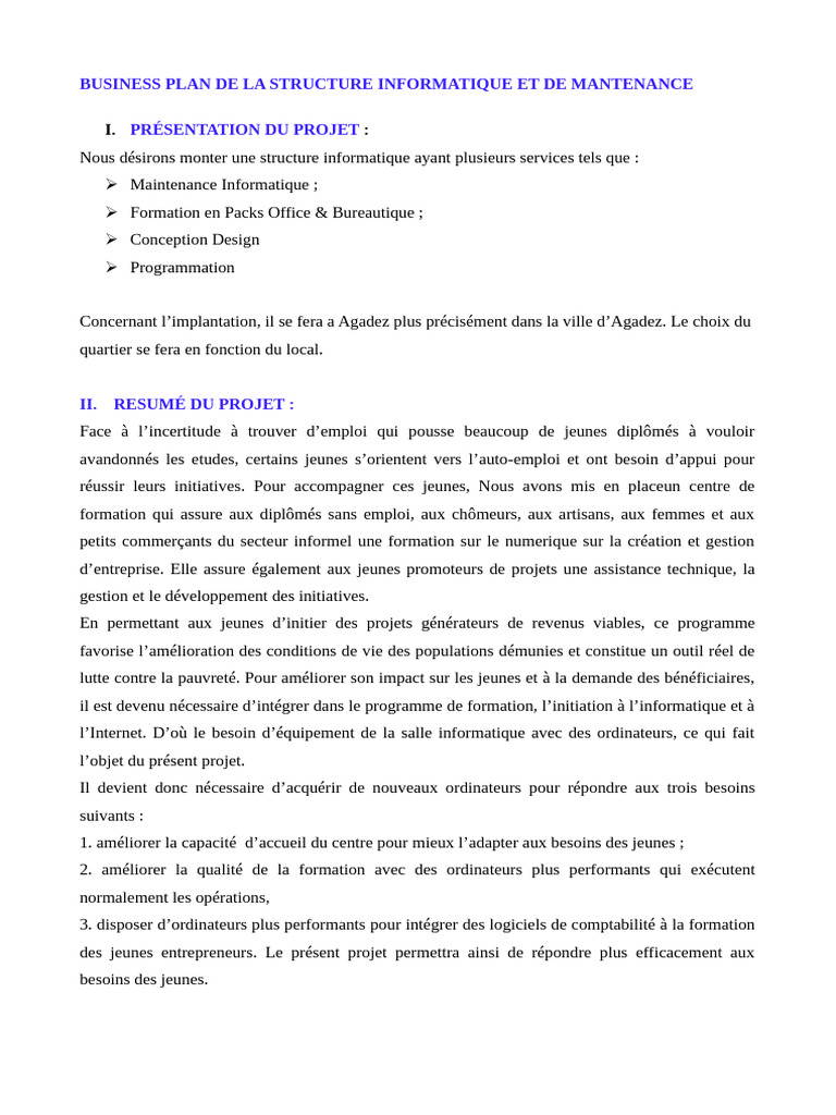 Plan d'Affaires pour Centre Informatique Agadez | PDF | Logiciel ...