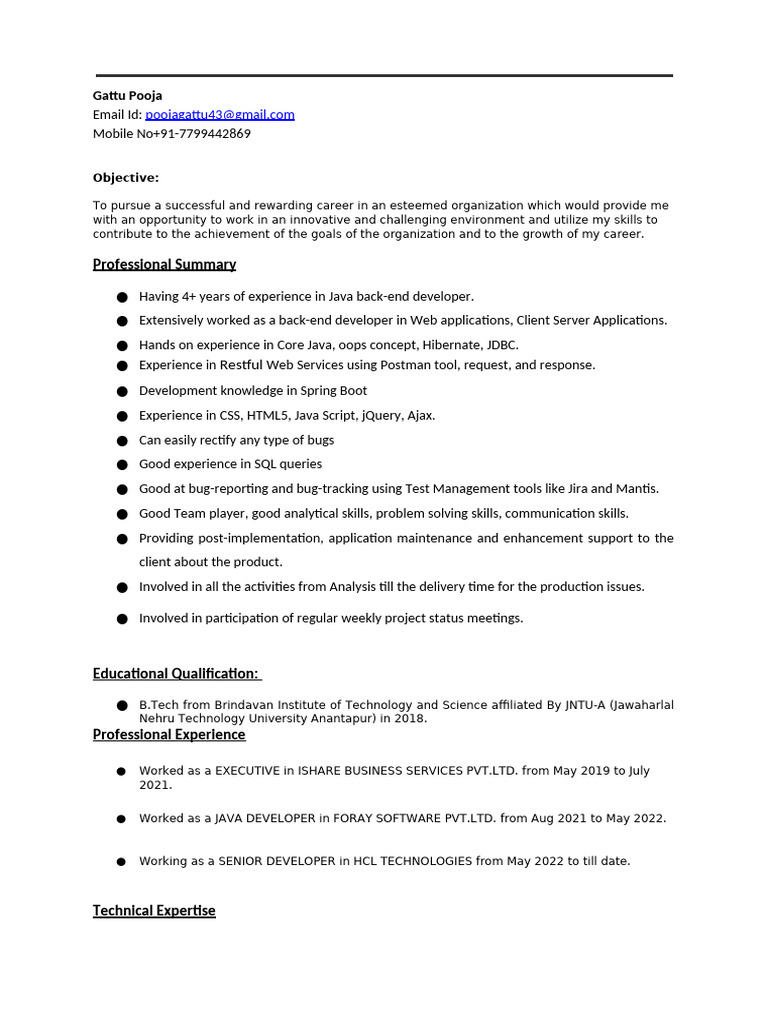 Java Developer Resume - Gattu Pooja | PDF | Databases | Java Script