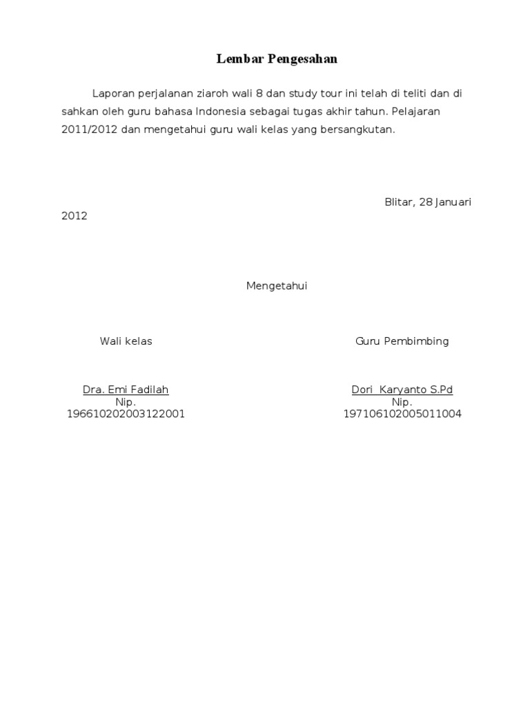 Contoh Halaman Pengesahan Laporan Study Tour Seputar Laporan
