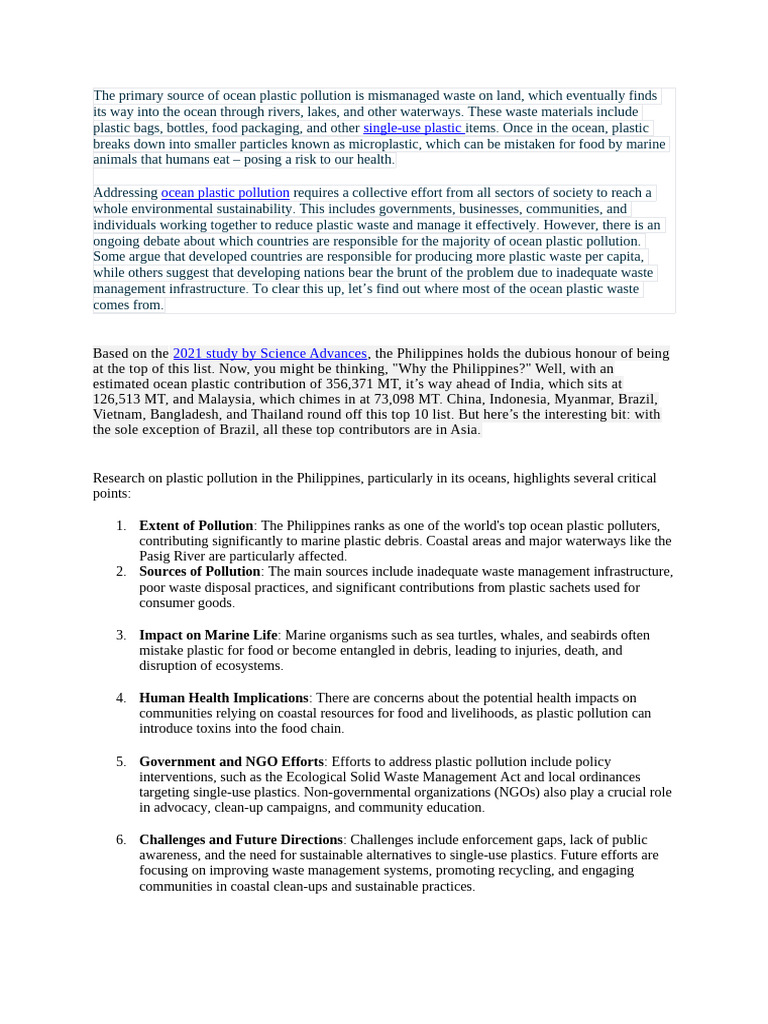 Philippines: Top Contributor to Ocean Plastic | PDF | Waste Management ...