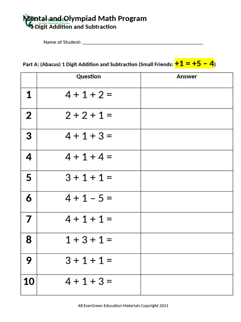 1 Digit Small Friends of 1 | PDF