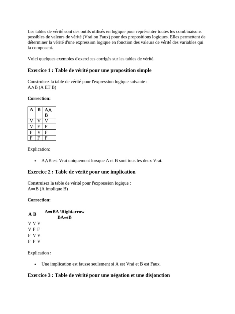 Exercices sur les tables de vérité | PDF