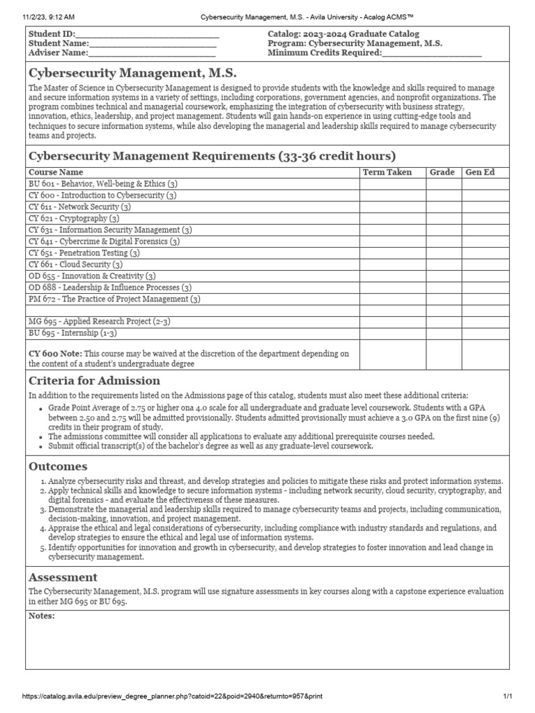 Cybersecurity Management M.S. Avila University Acalog ACMS™ | PDF ...