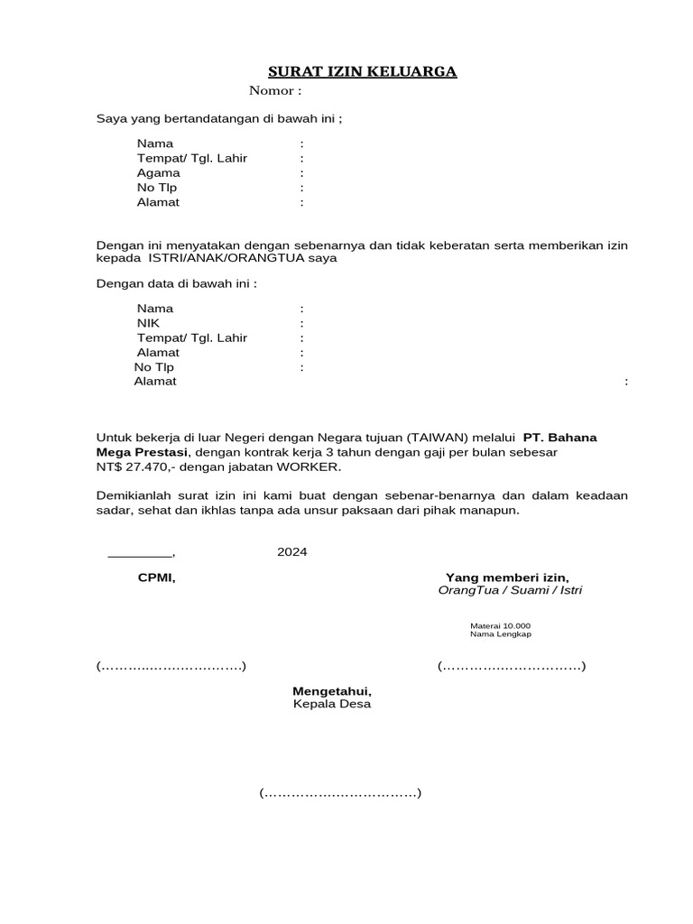 Surat Izin Keluarga Dan Pernyataan Dokumen | PDF