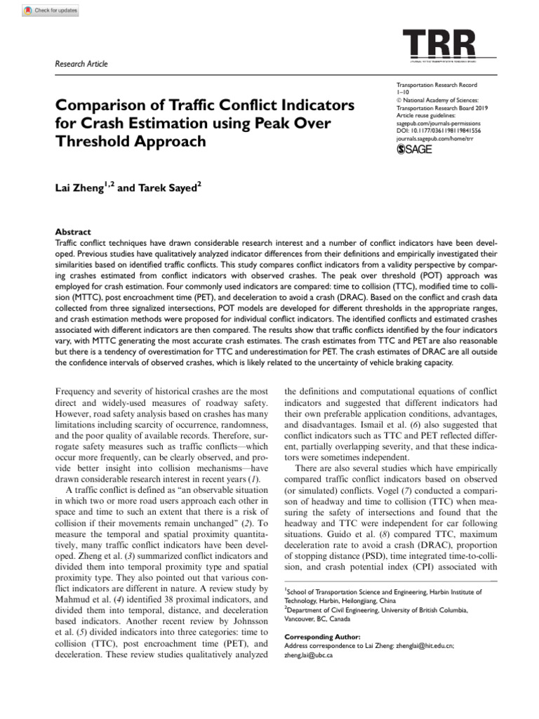 Comparison of Traffic Conflict Indicators For Crash Estimation Using ...