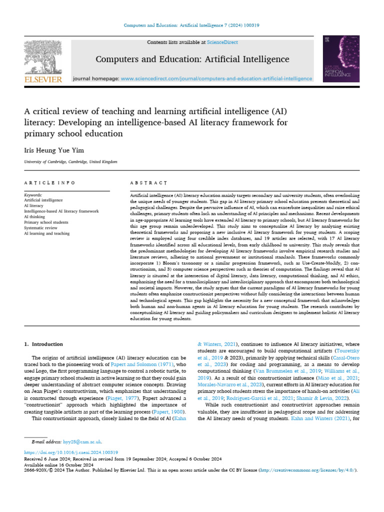 AI Literacy Framework for Primary Education | PDF | Artificial ...