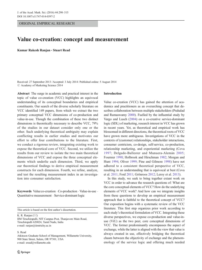 Value Co-Creation: Concept and Measurement | PDF | Marketing | Cognition