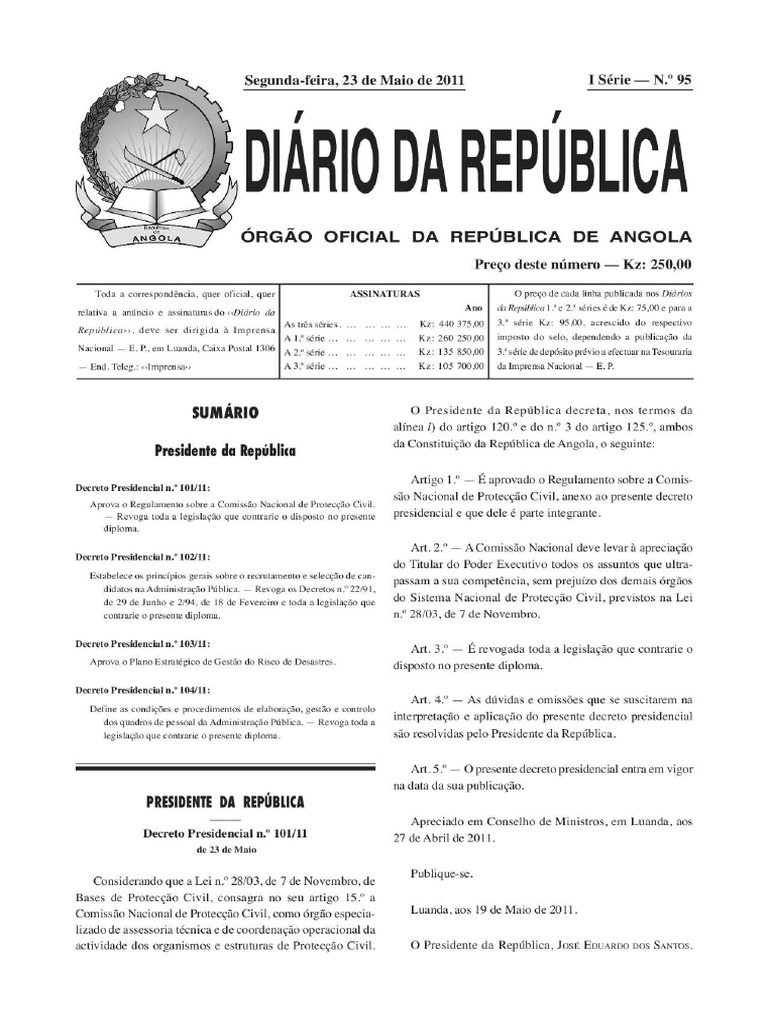Decreto Presidencial N o 104 11 de 23 de Maio Presidente Da Republica ...