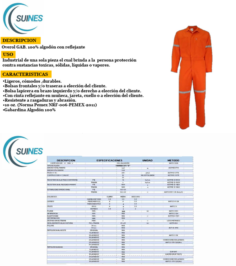 Presentación Overol y Ficha Tecnica SUINES | PDF