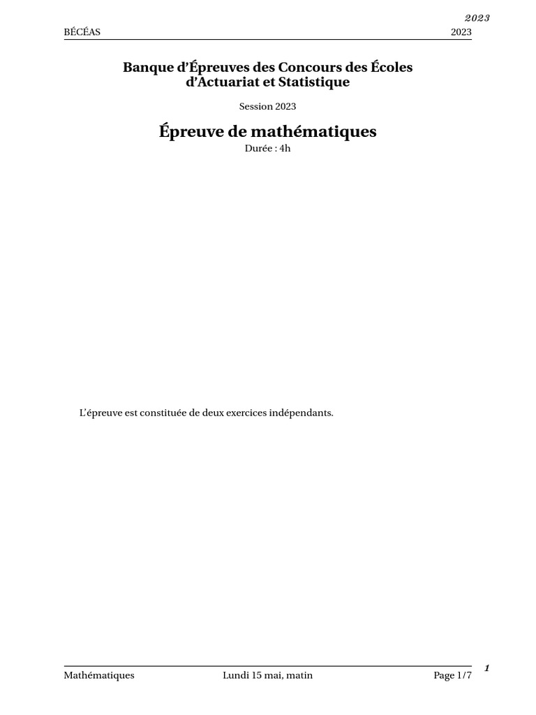Épreuve Mathématiques BÉCÉAS 2023 | PDF | Limite (mathématiques ...