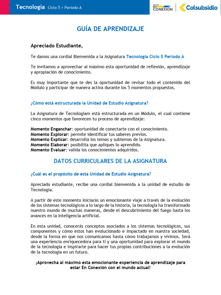 Guía de Aprendizaje Tecnologia Ciclo 5 Periodo A | PDF | Pensamiento ...