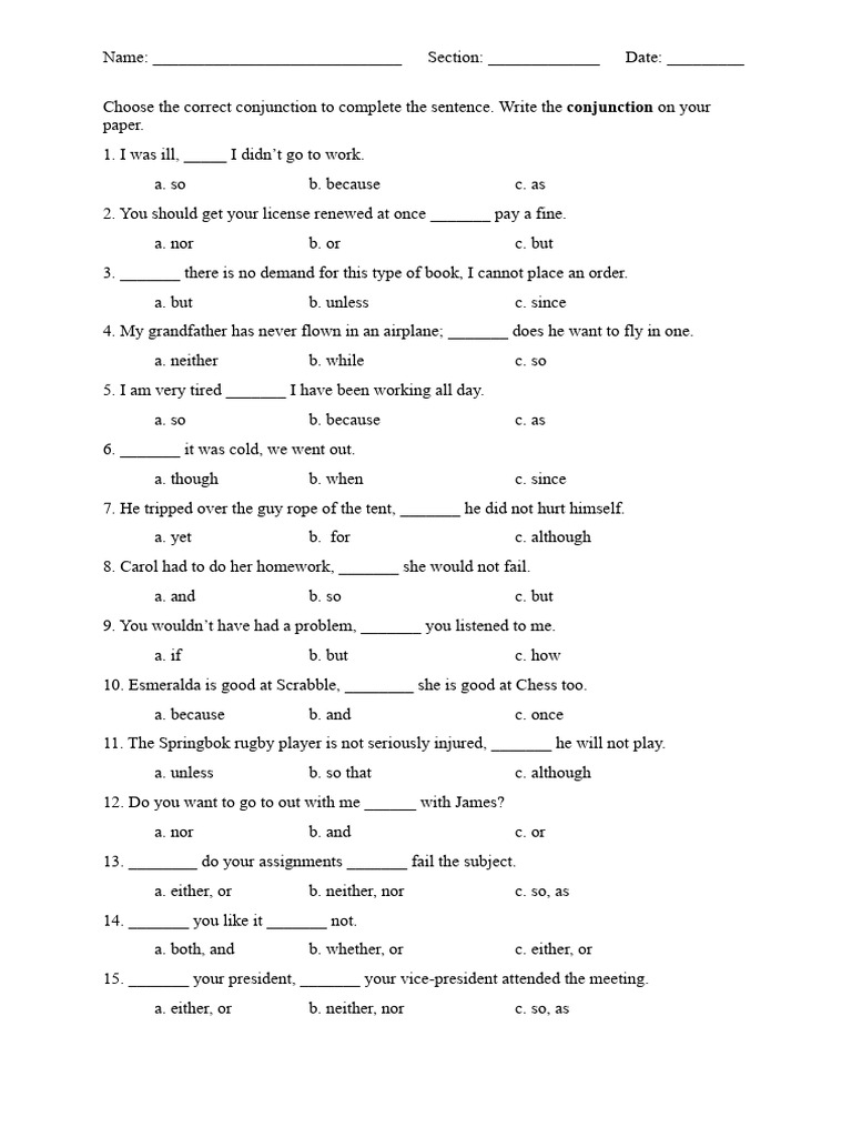 Conjunctions Practice Worksheet | PDF