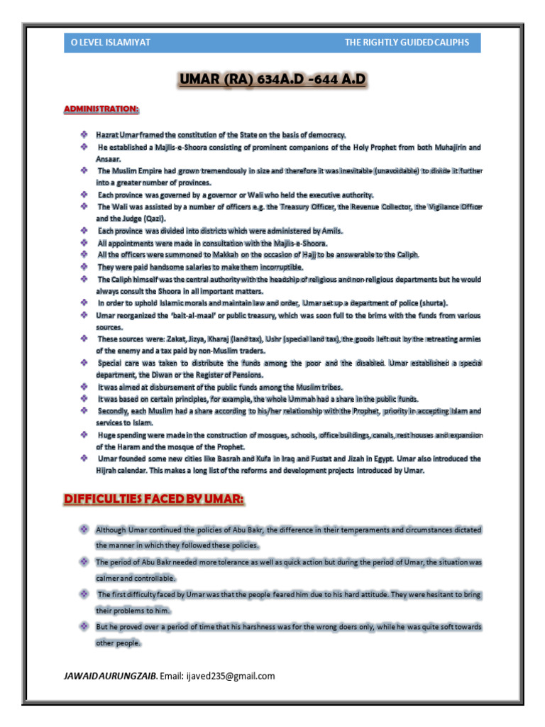 Administration of Umar (R.A) (POINTS) | PDF | Umar | Caliphate