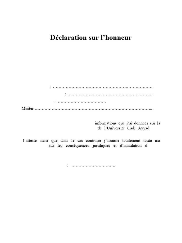 Déclaration sur l'honneur pour master | PDF