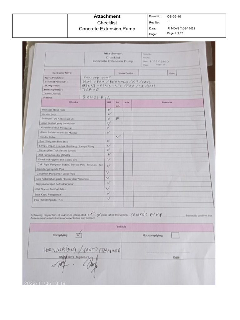Concrete Pump Inspection Form | PDF