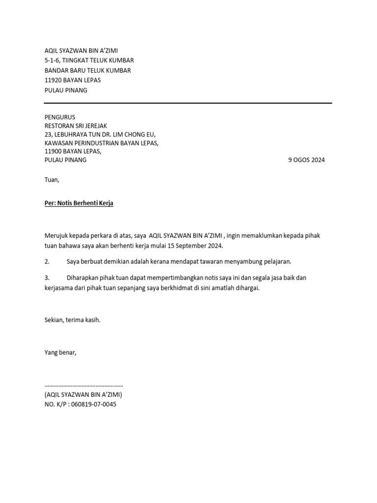 Notis Berhenti Kerja Pdf