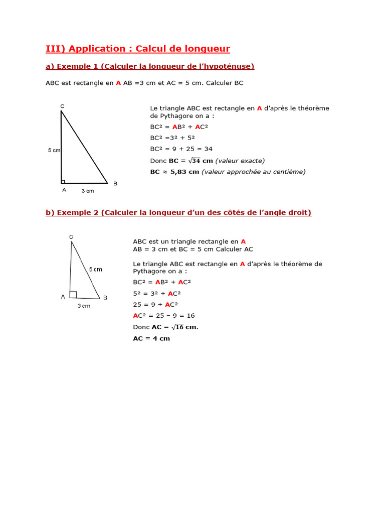 Calcul de longueurs dans un triangle rectangle | PDF