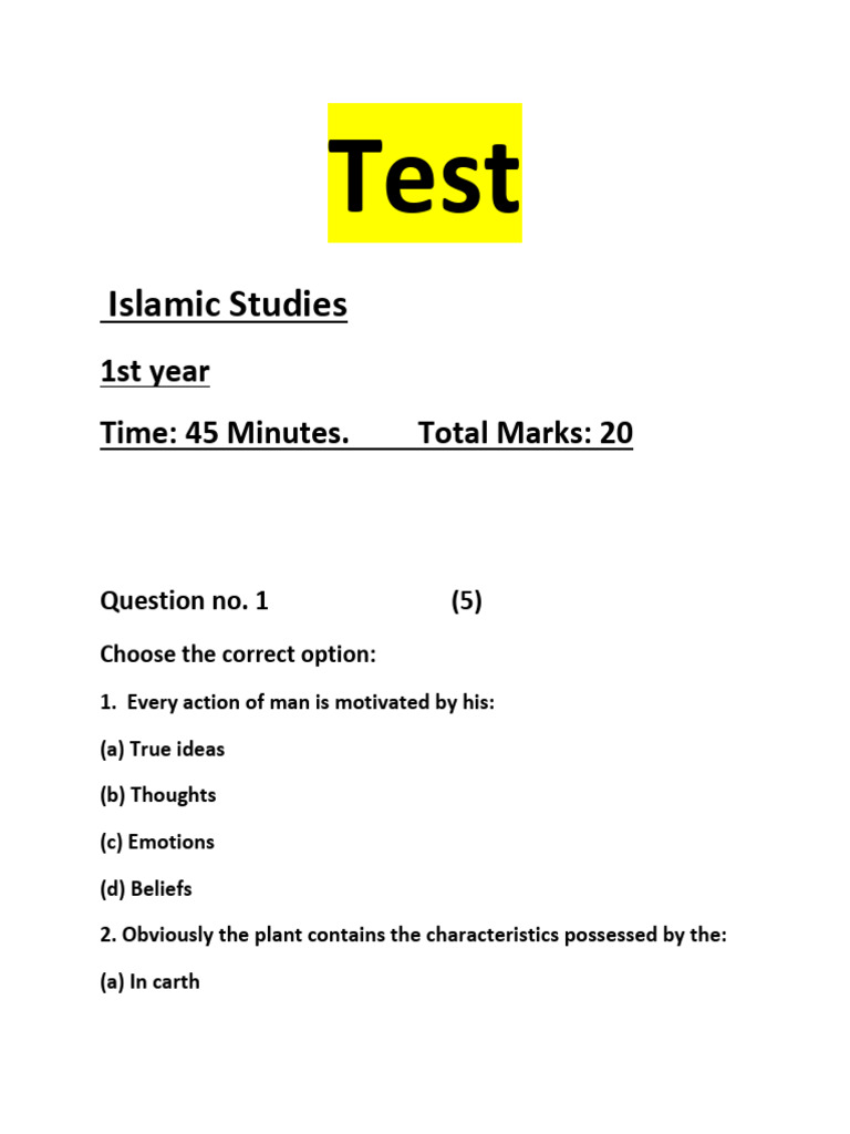 1st Year Islamic Studies Test Paper | PDF