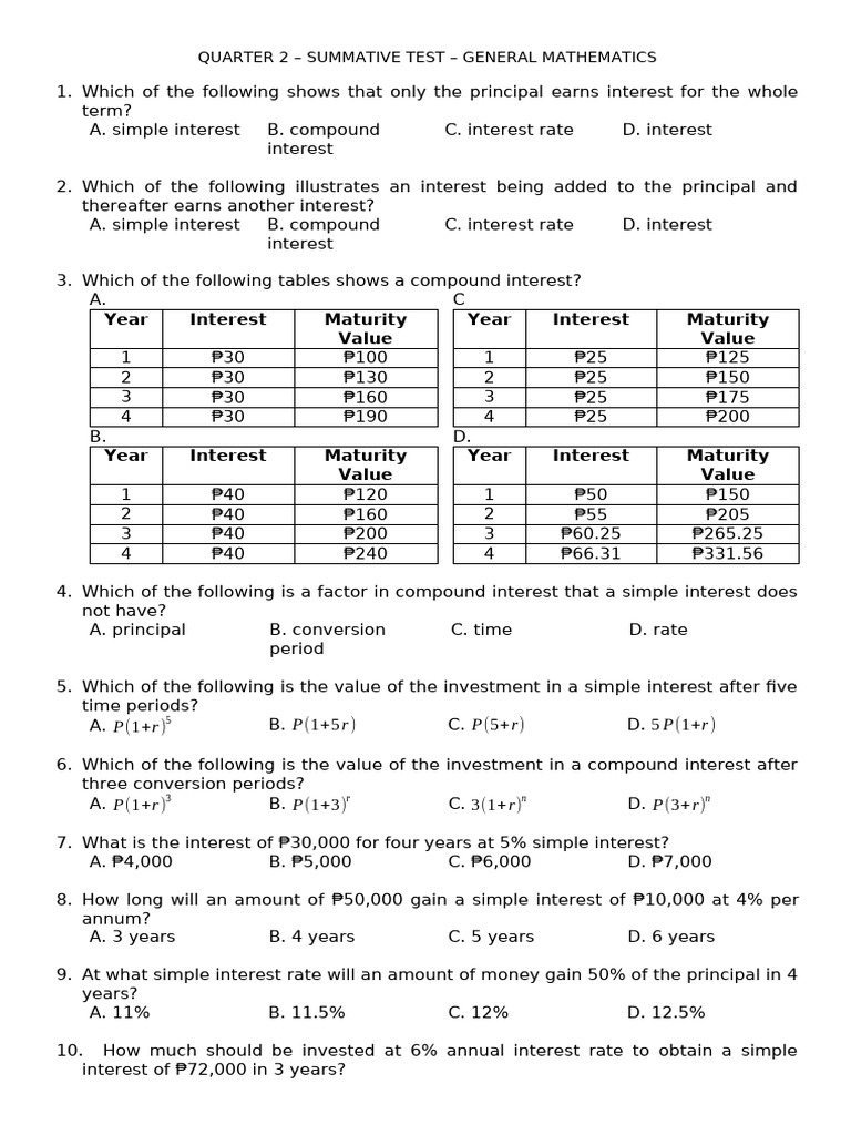 Q2 General Mathematics Test on Interest | PDF | Present Value | Bonds ...