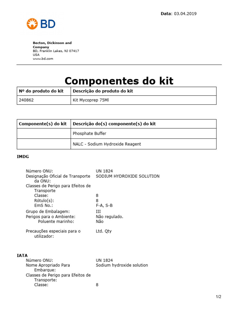 Ficha de Dados de Segurança do Kit Mycoprep | PDF | Vapor | Solubilidade