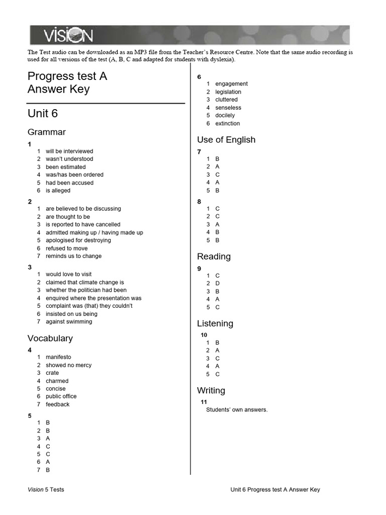 Unit 6 Progress Test A Answer Key | PDF