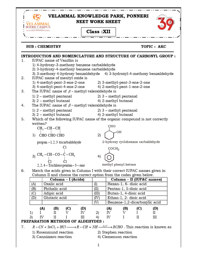 19. AKC - Chemistry - NEET Work Sheet | PDF | Aldehyde | Ether