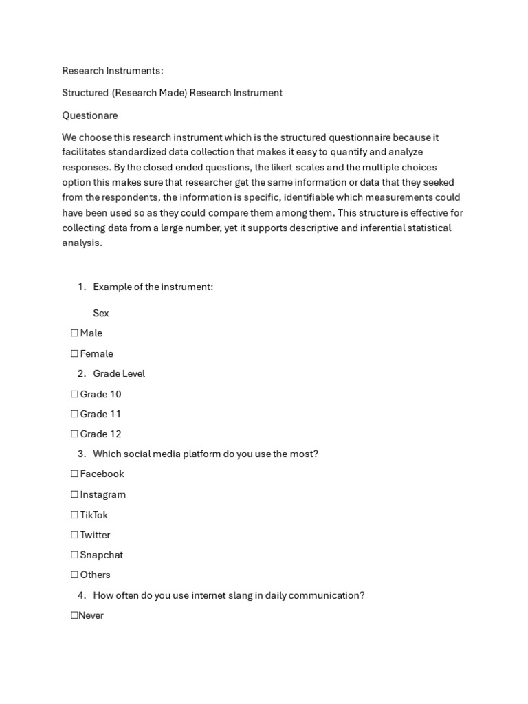 Structured Questionnaire for Internet Slang Research | PDF ...