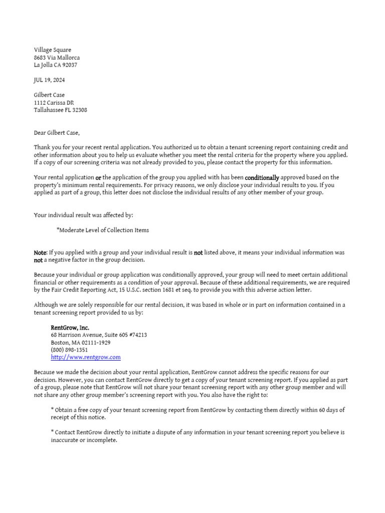 Conditional Rental Application Approval Notice | PDF | Credit History ...