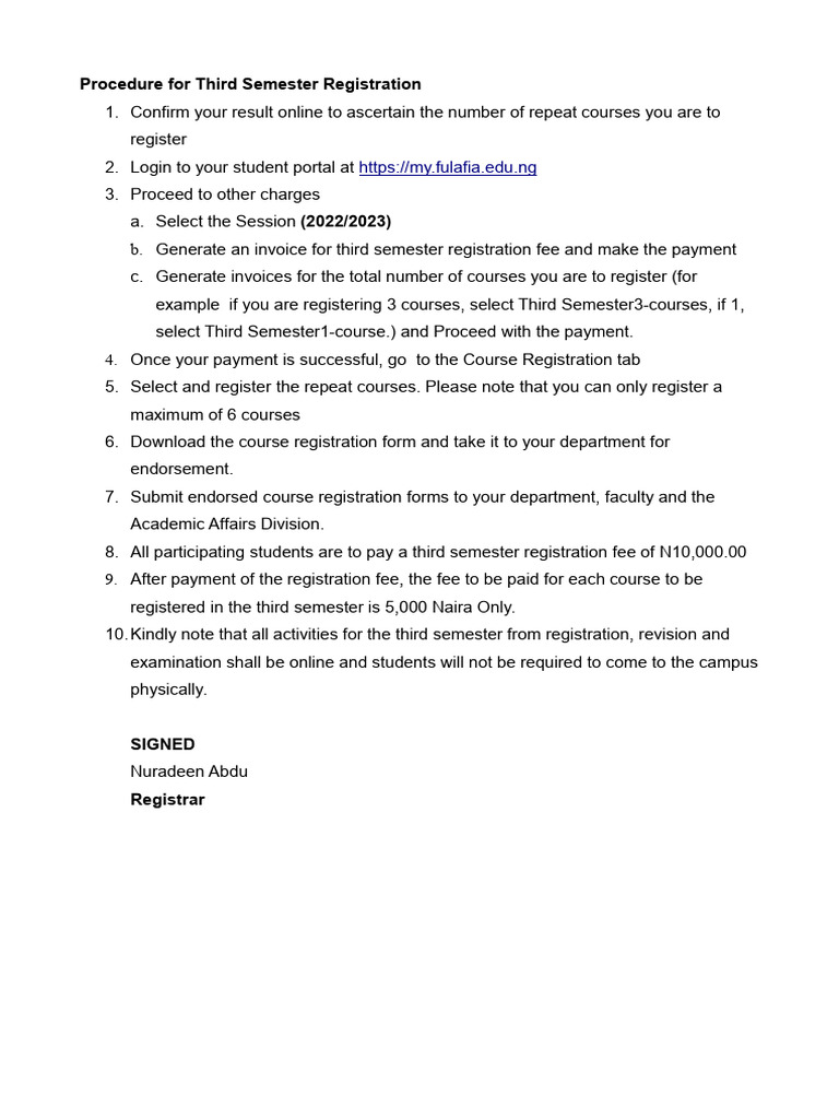 Third Semester Registration Procedure | PDF