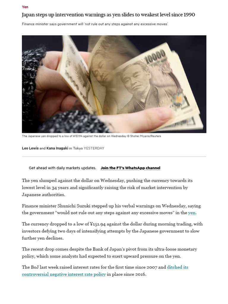 Japan Steps Up Intervention Warnings As Yen Slides To Weakest Level ...