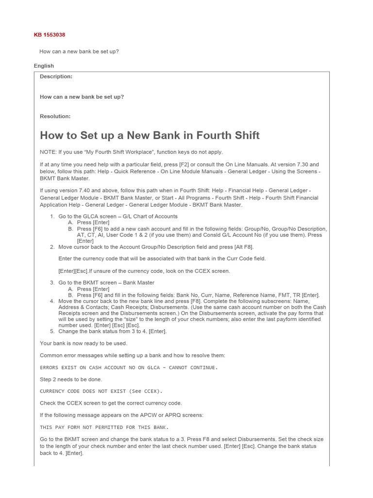 Set Up a New Bank in Fourth Shift | PDF | Software | Computing